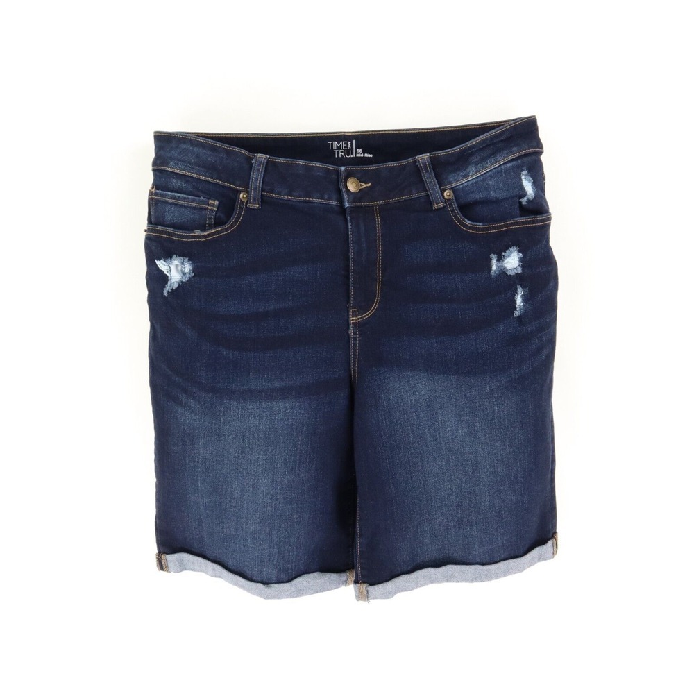 Time And Tru Bermuda Jean Shorts Mid Rise Stretch Cuffed Womens 16 Distressed